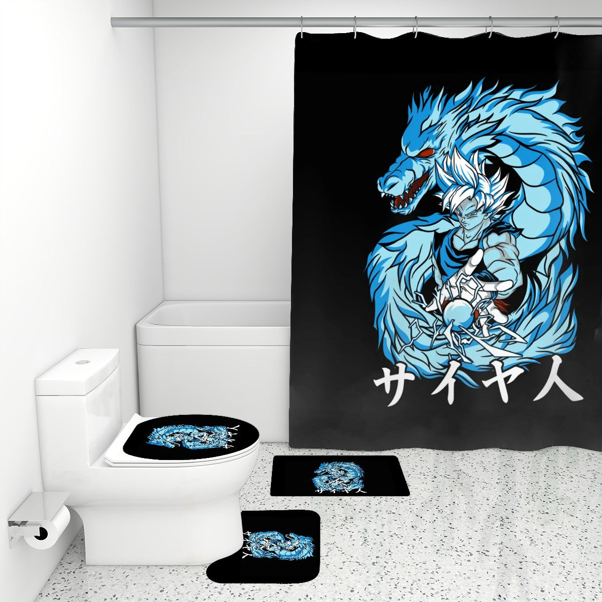 Azure Dragon Power | 4-Piece Bathroom Set with Shower Curtain