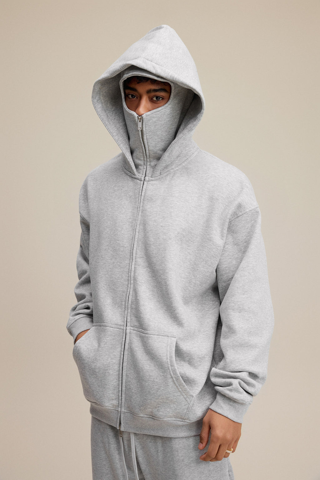 340GSM Men’s Trendy Fleece Zip-Up Windproof Face-Mask Hoodie Heathered Grey