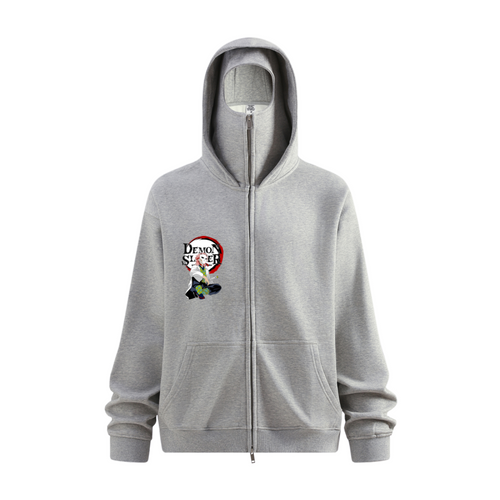 340GSM Men’s Trendy Fleece Zip-Up Windproof Face-Mask Hoodie Heathered Grey